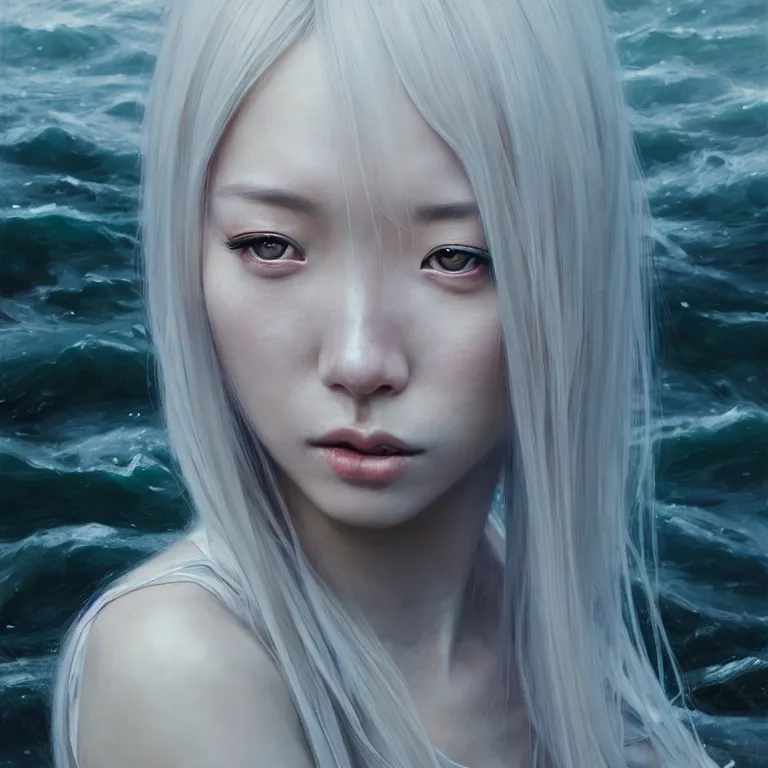 Image similar to epic cinematic portrait of a girl by the river, portrait as miho hirano, with loose white hair, shiny skin, slim figure, small details, realistic poster with three - dimensional dramatic light, artgerm, jeremy lipkin and michael garmash, unreal engine, radiant light, detailed and complex environment, digital art, trends at art station