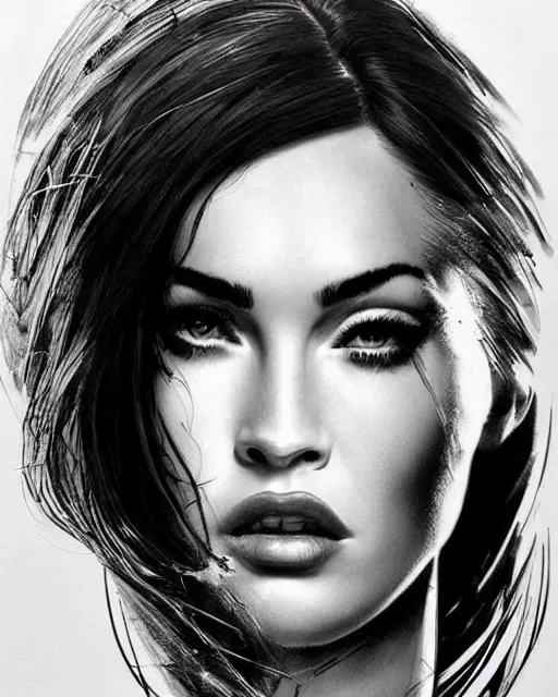 Image similar to megan fox face mash up with beautiful mountains, in the style of dan mountford, tattoo sketch, double exposure, hyper realistic, amazing detail, black and white