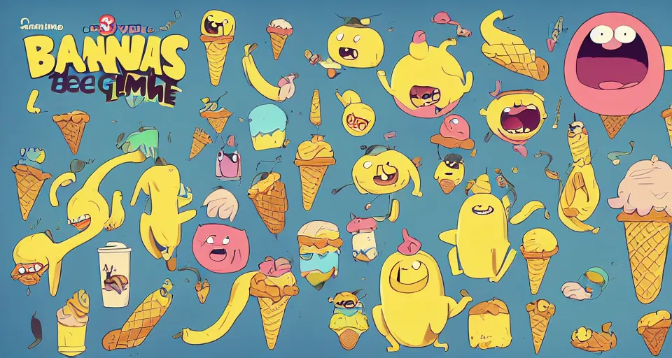 Prompt: cartoon bananas with wings and beaks, swimming in ice cream, in the style of adventure time, the amazing world of gumball, pixar, makoto shinkai, trending on artstation