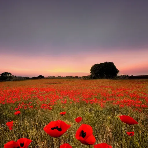 Prompt: poppies on grassland, sunset, very wide view, atmospheric, hyper realistic, photography, 8k, epic composition, unreal engine, artstation