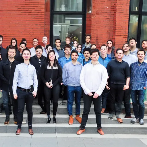 Image similar to blockchain development team of madfish solutions, corporate group photo near the office