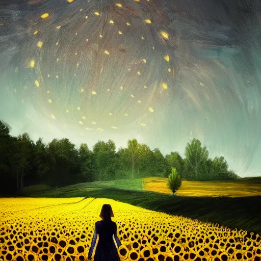 Image similar to huge sunflower head, girl walking in wheat field, hills, surreal photography, dark night, star trails, dramatic light, impressionist painting, clouds, digital painting, artstation, simon stalenhag