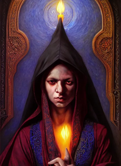 Prompt: muslim wizard, full body, hyper realistic, extremely detailed, dnd character art portrait, dark fantasy art, intricate fantasy painting, dramatic lighting, vivid colors, deviantart, artstation, by edgar maxence and caravaggio and michael whelan and delacroix.