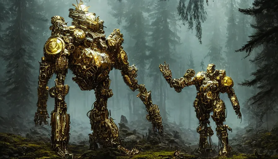 Image similar to large walking mech covered in gold and silver armor with elden ring aesthetic, covered in moss and birds, glowing lights, beautiful forests and trees, intricate detail, epic wallpaper, art by darek zabrocki and John Park and Feng Zhu and Jason Chan, trending on artstation, masterpiece.