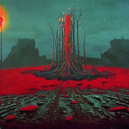 Prompt: lovecraftian horrors human sacrifice 5MeO roger deakins cinematography painting by Roger Dean