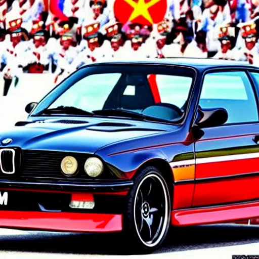 Prompt: bmw m 3 e 3 0 painted like north korean flag, in north korean parade