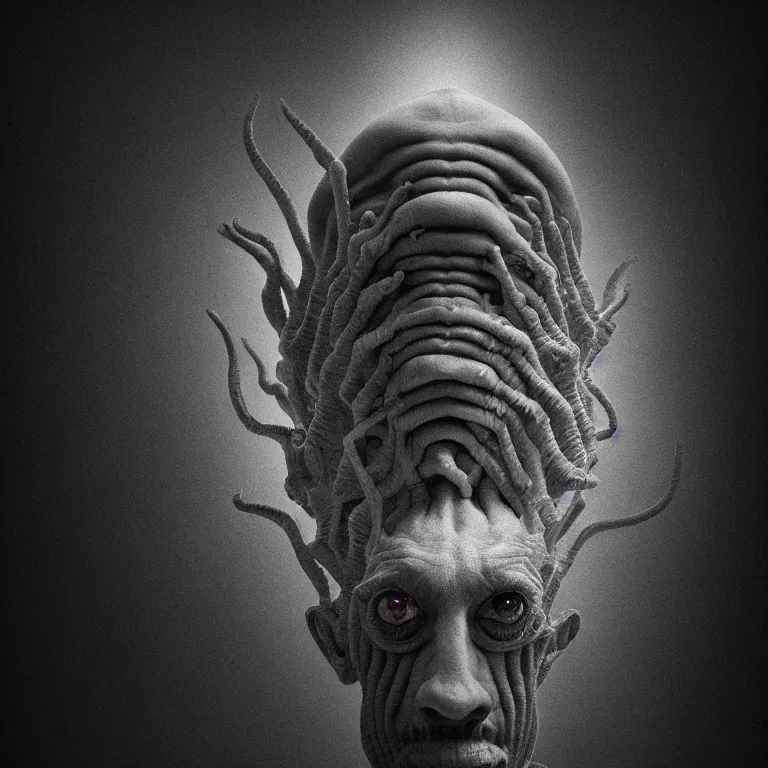 Image similar to surreal portrait of ribbed demon by m c escher, soft grainy bloom lucid dream - like atmosphere, harsh flash photo at night, baroque painting, perfect composition, detailed octane render trending on artstation, 8 k artistic photography, volumetric cinematic perfect light, chiaroscuro, masterpiece, raphael, caravaggio, beksinski, rutkowski, beeple