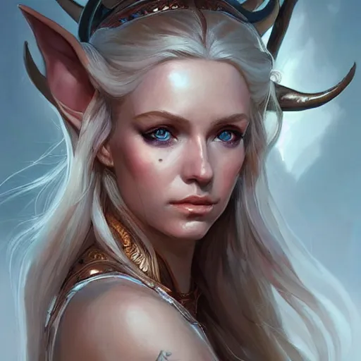 Image similar to A head-on detailed oil fantasy portrait of a pretty elf woman with subtle copper horns, long blonde hair and bright copper irises, by greg rutkowski and artgerm, trending on artstation, dungeon and dragons art