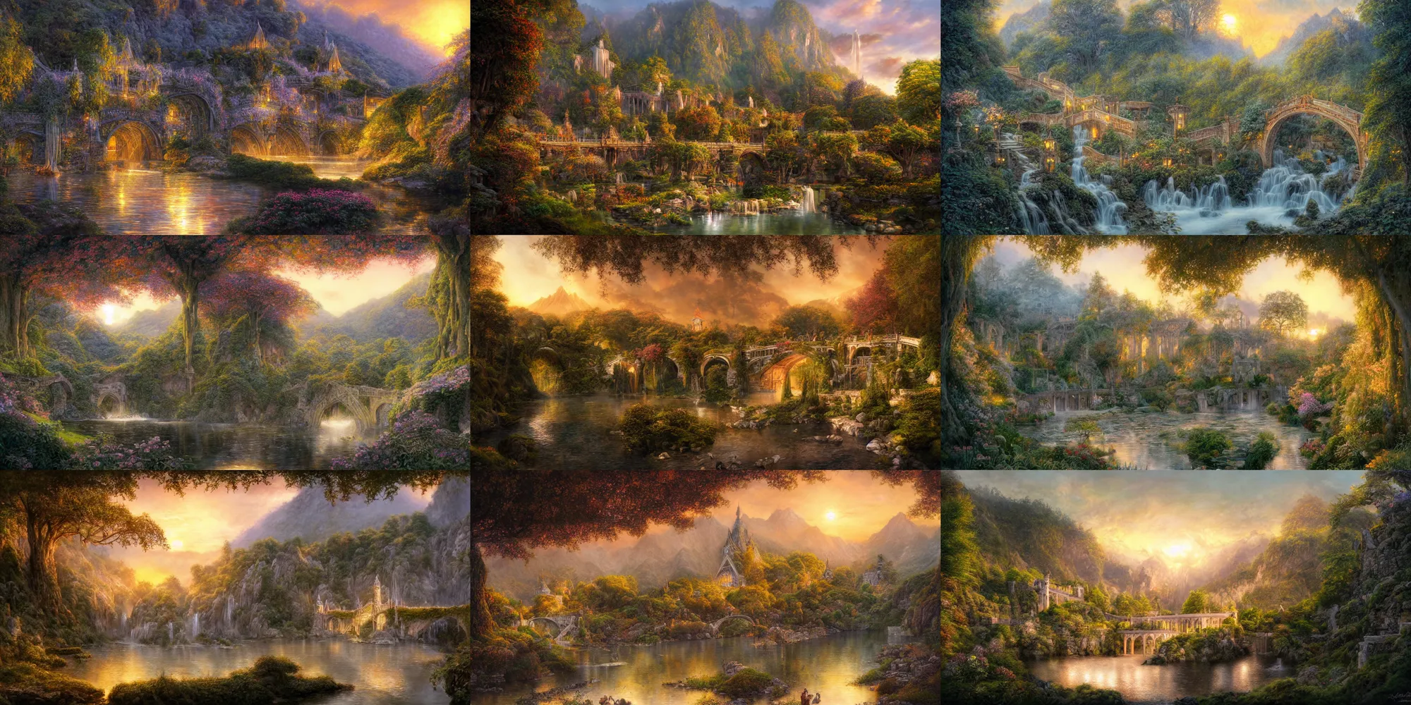 Prompt: Rivendell in full bloom at sunset by Alan Lee, intricate, highly detailed, digital painting, artstation, concept art, smooth, sharp focus, illustration, vfx