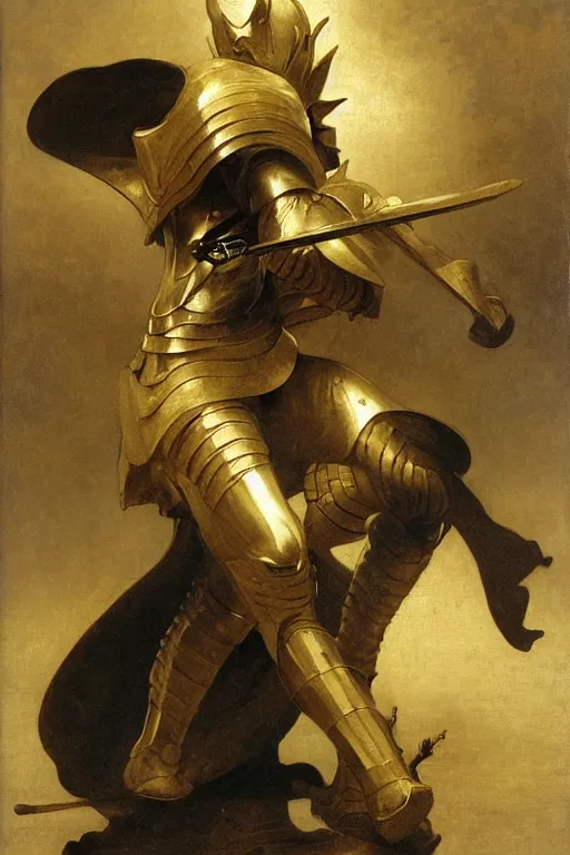 Image similar to a knight in gold armor battling a dragon style of William Adolphe Bouguereau