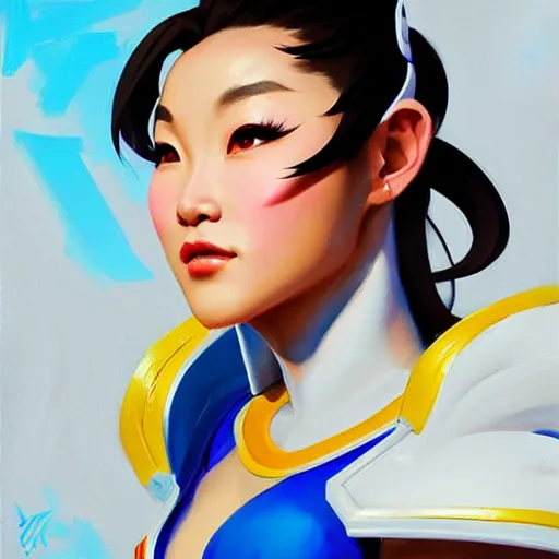 Image similar to Greg Manchess portrait painting of Chun-Li as Overwatch character, medium shot, asymmetrical, profile picture, Organic Painting, sunny day, Matte Painting, bold shapes, hard edges, street art, trending on artstation, by Huang Guangjian and Gil Elvgren and Sachin Teng