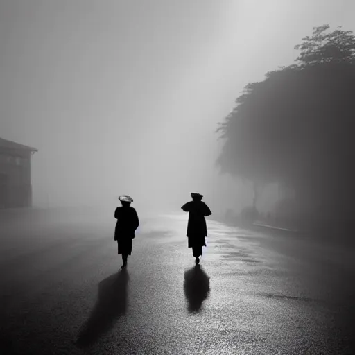 Image similar to people going to their office walking on wide side road,misty morning with long shadows,fan ho photography