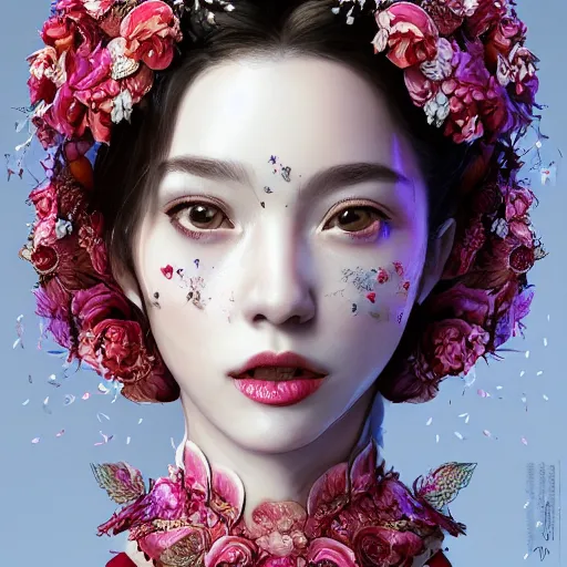 Prompt: the portrait of an absurdly beautiful, graceful, elegant, sophisticated, fashionable gravure idol made of strawberries and white petals with tears, an ultrafine hyperdetailed illustration by kim jung gi, irakli nadar, intricate linework, bright colors, octopath traveler, final fantasy, unreal engine 5 highly rendered, global illumination, radiant light, detailed and intricate environment