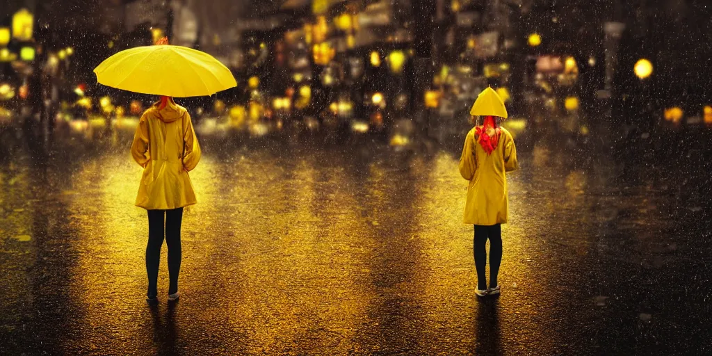 Prompt: a girl in a yellow raincoat, standing in the rain, holding a flower, night, tokyo street, raining , wet, artstation, cgsociety, depth of field, bokeh, neon lights