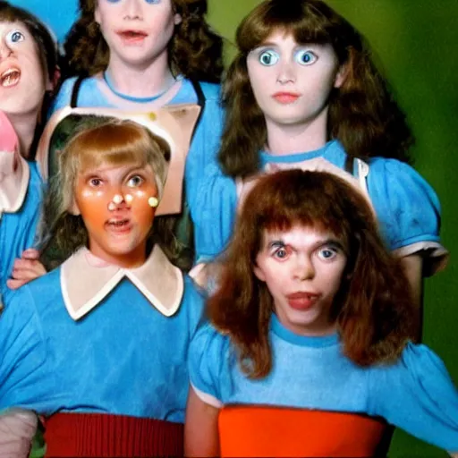 Image similar to still from 1983 live-action children's tv show about a girl who enters an eyeball cult color