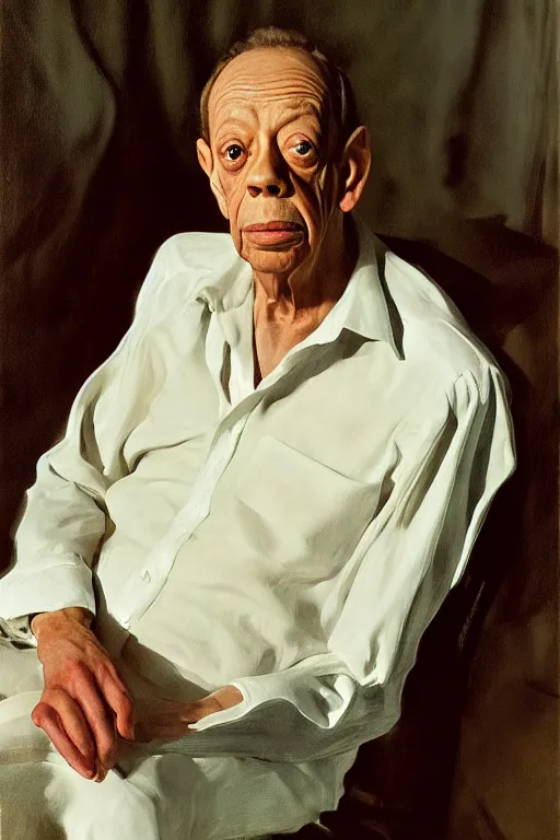 Image similar to portrait of don knotts sitting with full face full figure, in the style of expressionism, soft light, volumetric light, subsurface scattering, translucent skin, john singer sargent, andrew wyeth, jamie wyeth, john singer sargent,