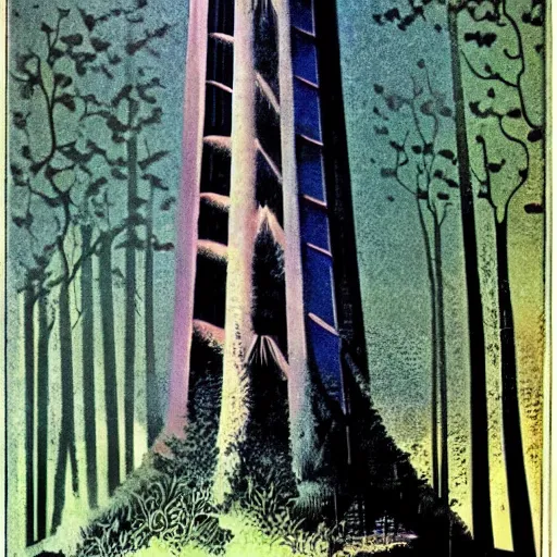 Image similar to tower in a forest, 70s fantasy poster