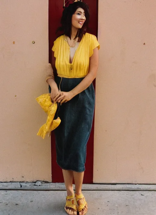 Image similar to portrait of a beautiful brown hair woman in a yellow sun dress in downtown Los Angelas, 50mm lens, Kodak Portra 400 film