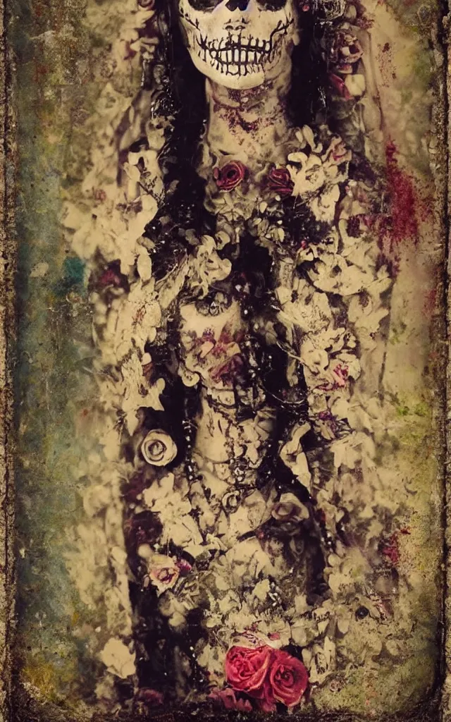 Image similar to tintype full body view, virgin mary in dia de muertos dress and make up, horrific beautiful vibe, evocative, atmospheric lighting, painted, intricate, highly detailed,