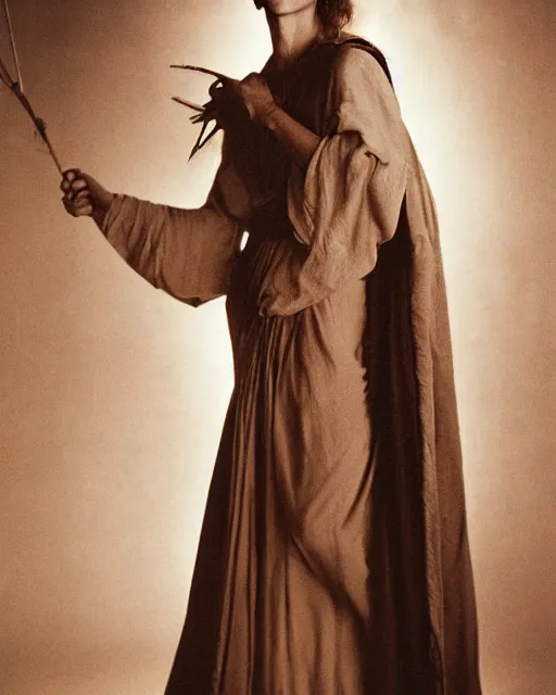 Image similar to The beautiful young actress Charlotte Rampling as the greek Fate Clotho, one of the weavers of Destiny, photographed in the Style of Annie Leibovitz , studio lighting