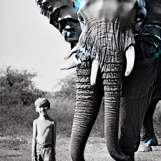 Prompt: a highly detailed photo by annie leibowitz of a small boy standing next to an elephant with an extremely long trunk