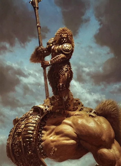 Image similar to hercules in lion ornamented armor, wearing cape, beksinski, hercules concept art, weta workshop concept art