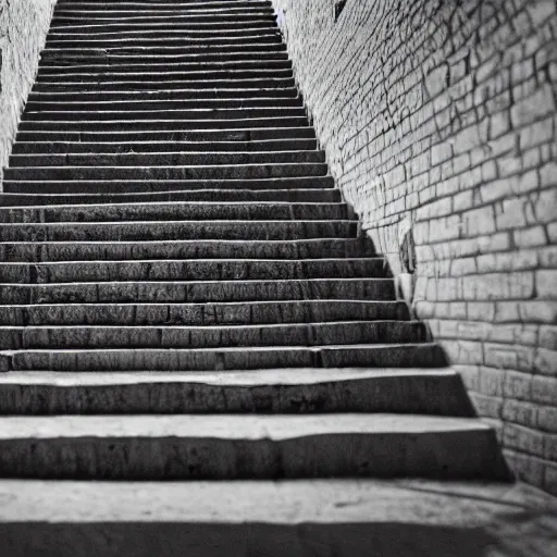 Image similar to black and white press photograph, highly detailed vast space made of stairsteps, detailed textures, natural light, mist, architecture photography, film grain, soft vignette, sigma 1 4 mm f / 1. 4 1 / 1 0 sec shutter, darren aronofsky film still promotional image, imax 7 0 mm footage