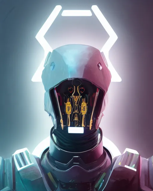 Image similar to detailed portrait of a cyborg, necromancer, benevolent, scifi, futuristic, elegant cape, glow, year 2 1 0 0, destiny 2 style, white, blue, gold, trending on artstation, illuminated, holy machine, advanced technology, art by vitaly bulgarov and nivanh chanthara