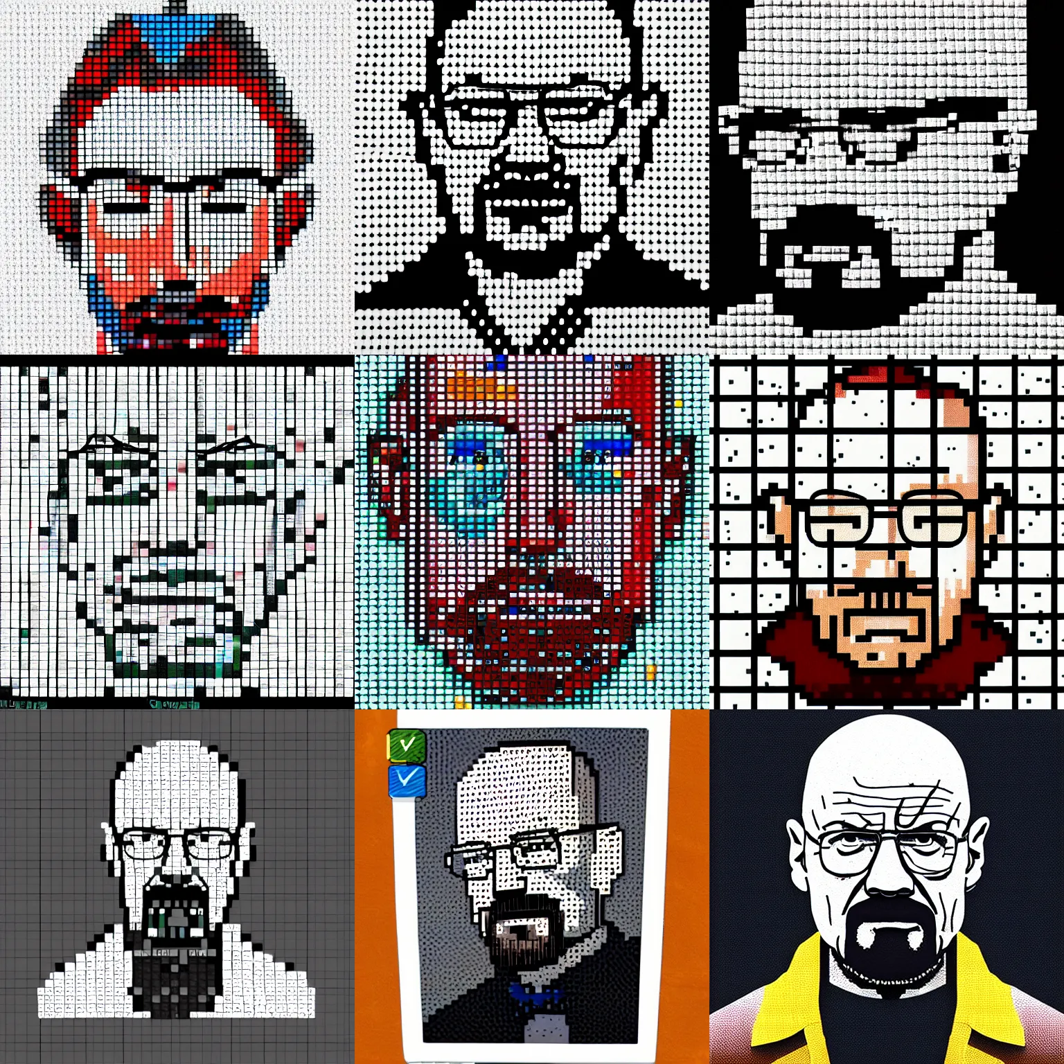Prompt: walter white, made of dots, vga game