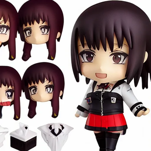 Image similar to nendoroid of a girl with a red sidecut, brown eyes and emo clothes