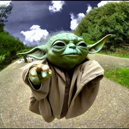 Image similar to Yoda waving towards the camera, photograph, fisheye lens