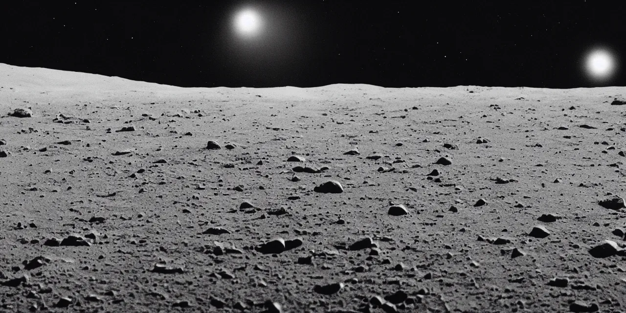 Image similar to view from the surface of the moon, cinematic film still, film grain, looking up at tall white spaceship, glowing landing lights on spaceship, stars and space in the dark background, full frame photography