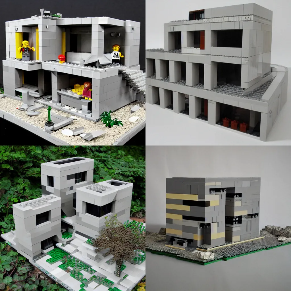Prompt: lego diorama of a brutalist ultramodern concrete home