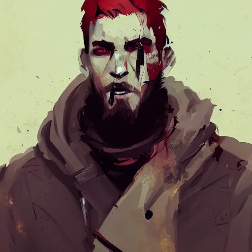 Prompt: human male character art, by Ismail Inceoglu, red hair, red beard, sunken eyes, scars, shabby clothes, digital art, dungeons and dragons, art