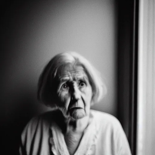 Image similar to black and white photograph portrait of a depressed beautiful old woman standing by the window, natural light, lomo, fashion photography, film grain, soft vignette, sigma 85mm f/1.4 1/10 sec shutter