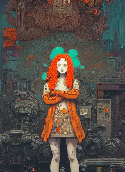 Prompt: highly detailed portrait of a moody post - cyberpunk wavy ginger haired young lady, by james gilleard, by joe fenton, by greg rutkowski, by konstantin yuon, by kaws, by kate beaton, 4 k resolution, nier : automata inspired, bravely default inspired, gradient orange, black and white color scheme!!! ( ( graffiti tag wall background ) )