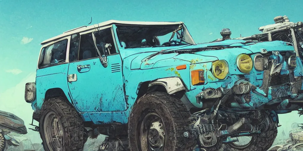 Image similar to digital illustration of a futuristic faded cyan mad max's fj 4 0 decrepit!!!! pursuit special, rusty!!! cyberpunk nissan fj cruiser heavily modded 1 9 9 0 s, the last v 8 interceptor by makoto shinkai, ilya kuvshinov, lois van baarle, rossdraws, basquiat