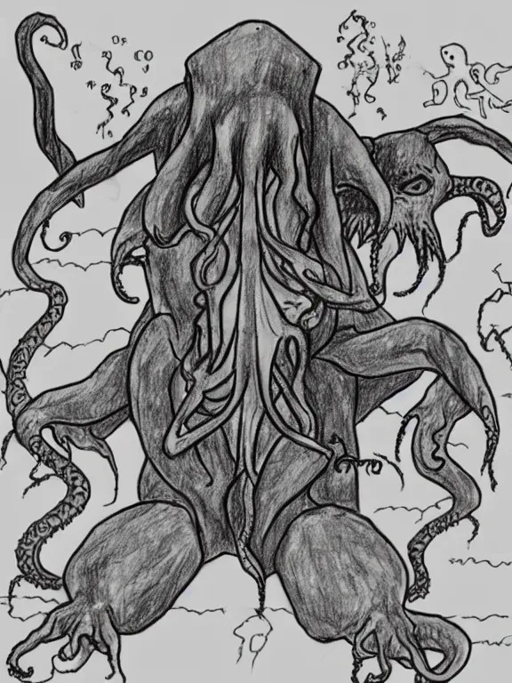 Prompt: 6 year old children's drawing of his first encounter with cthulhu