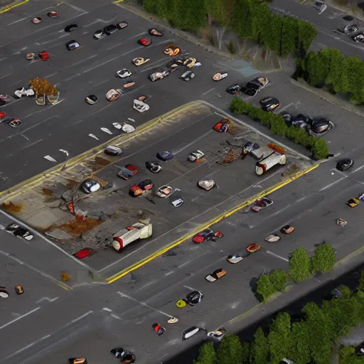 Image similar to top down aerial view of dilapidated gas - station with supermarket and shopping street in real life, desolate with zombies, dilapidated, zombies in the streets, nightmarish, some rusted style parked vehicles, sunny weather, few clouds, volumetric lighting, photorealistic, daytime, autumn, sharp focus, ultra detailed, cgsociety