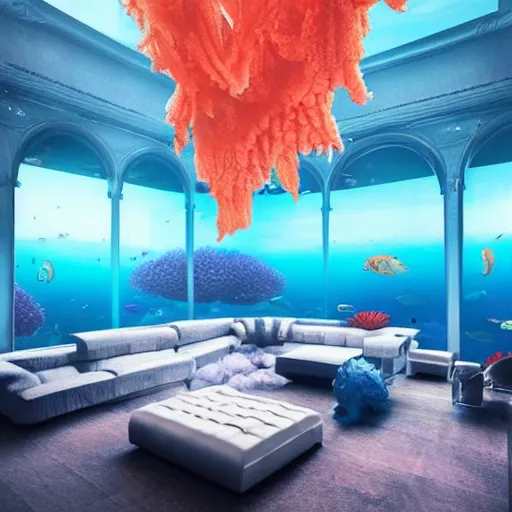 Prompt: photo of the modern fashionable room as aquarium with a chandelier as a big jellyfish, beautiful corals on the walls and dangerous sharks on the big panoramic window, realism, sharp details, cinematic, a lot of gleans, under the ocean, realistic colors, realistic shadows, daylight by beeple and by greg rutkowski