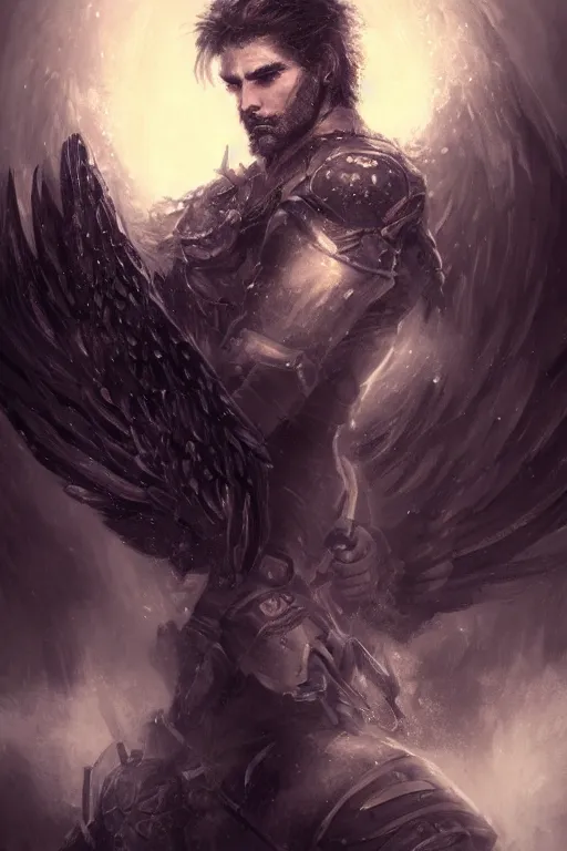 Prompt: dark blizzard art, portrait of fallen man angel kneeling with a sword and shield and wings, close-up, bokeh. dark art masterpiece artstation. 8k, sharp high quality illustration in style of Jose Daniel Cabrera Pena and Leonid Kozienko, concept art by Tooth Wu