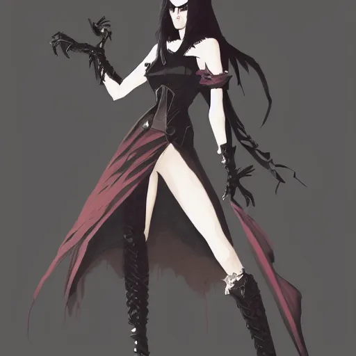 Image similar to female goth human vampire witch in the style of greg rutkowski, makoto shinkai, trending on artstation, character design, concept art, pretty face, forward facing, highly detailed, digital art