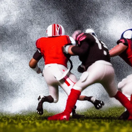 Prompt: low angle shot of football players made of yarn about to collide, dramatic lighting, shallow depth of field, football players are made of yarn