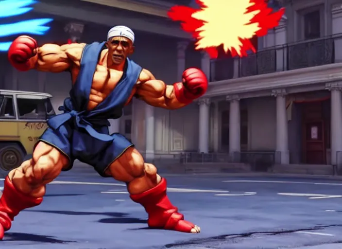 Prompt: ` barrack obama in street fighter v ( 2 0 1 7 ), dynamic pose, official media, ps 4 in - game cinematic, 5 k