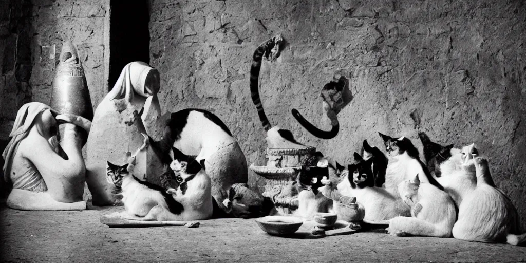 Image similar to a great old black and white photo from ancientt egypt, mischivious cats knock things off the table and annoy the pharoah who is sulking with head in hands, other cats knock vases over, funny and silly, weird and odd, historic look, film grain