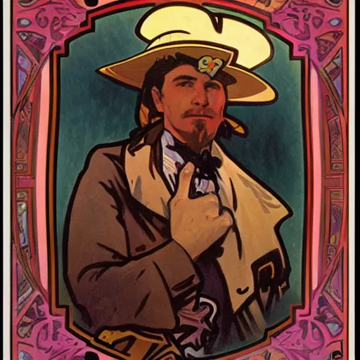 Prompt: wild west hero, painted by alphonse mucha