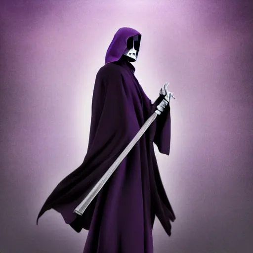 Image similar to grim reaper, purple cloak, full body