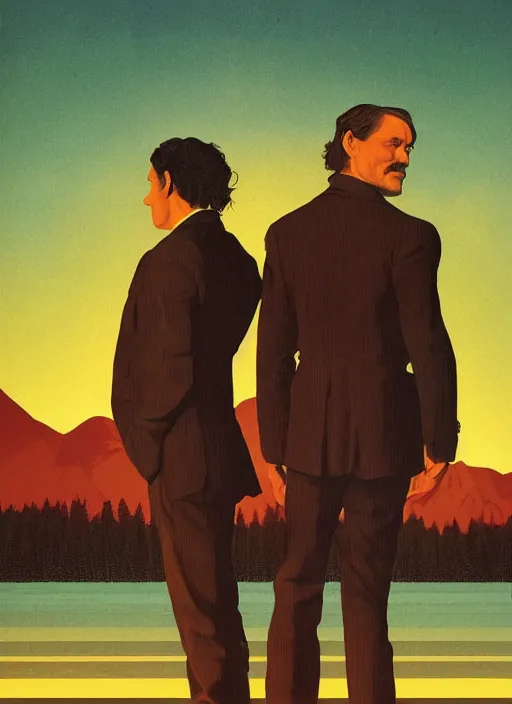 Image similar to poster artwork by Michael Whelan, Bob Larkin and Tomer Hanuka, Karol Bak of portrait of Hugh Dancy & Mads Mikkelsen arm around each other, chaperoning the school dance, from scene from Twin Peaks, simple illustration, domestic, nostalgic, from scene from Twin Peaks, clean