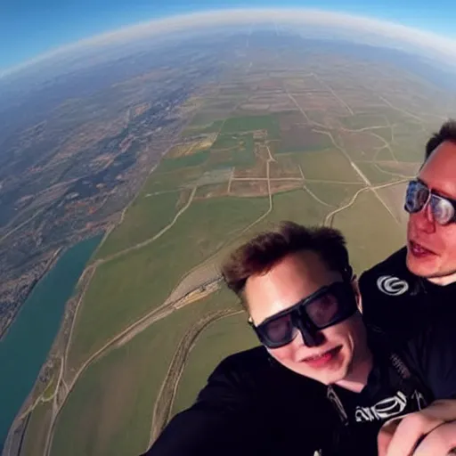 Prompt: a selfie taken by Elon Musk while doing skydiving