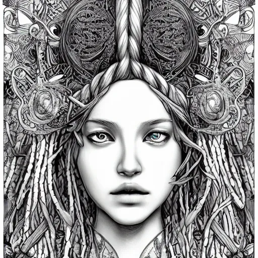 Prompt: the head of a beautiful blonde dreadlocked young woman, an ultrafine detailed illustration by james jean, final fantasy, intricate linework, bright colors, behance contest winner, vanitas, angular, altermodern, unreal engine 5 highly rendered, global illumination, radiant light, detailed and intricate environment